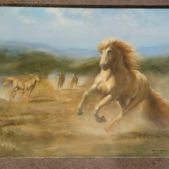 VINTAGE OIL ON CANVAS PAINTING OF WILD HORSES SIGNED BY MARCIA MCCALL 22X28 " - Picture 2 of 9